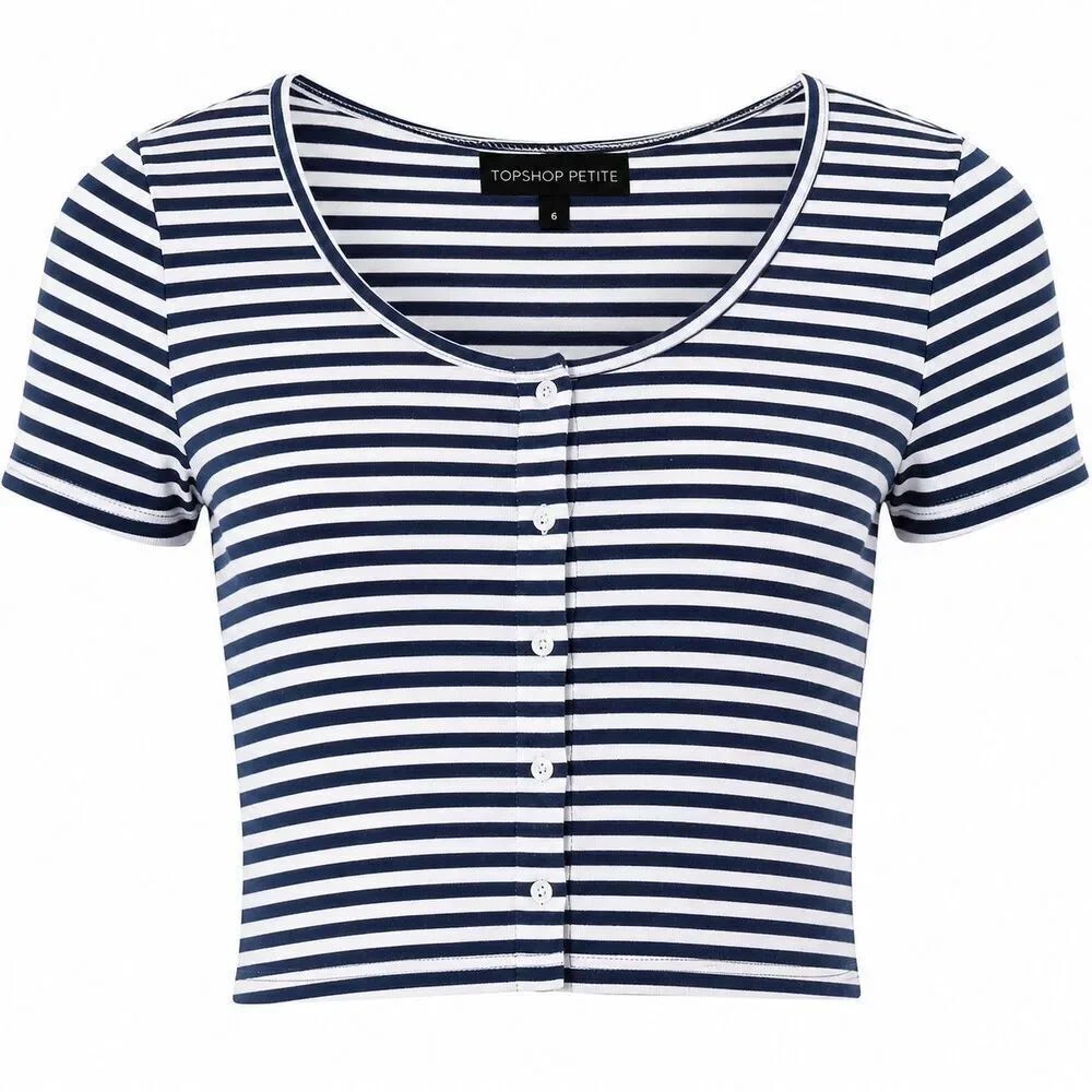 Topshop Petite Womens Striped Crop Top Button Front Navy White Tee Sz 6 Nautical
